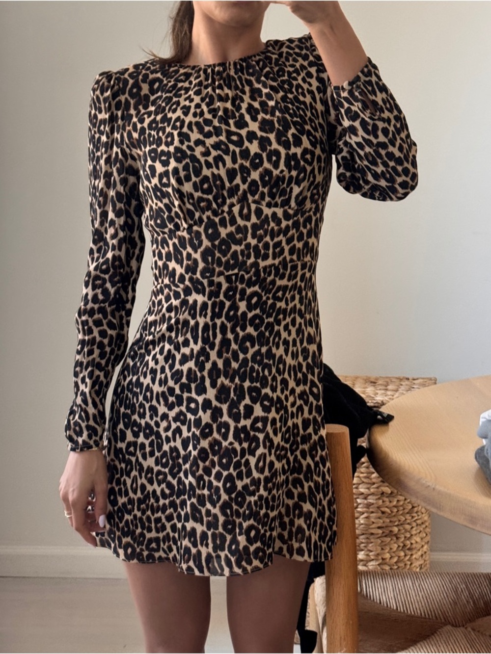 Reformation Leopard Print Long-Sleeve Mini Dress - Black & Tan